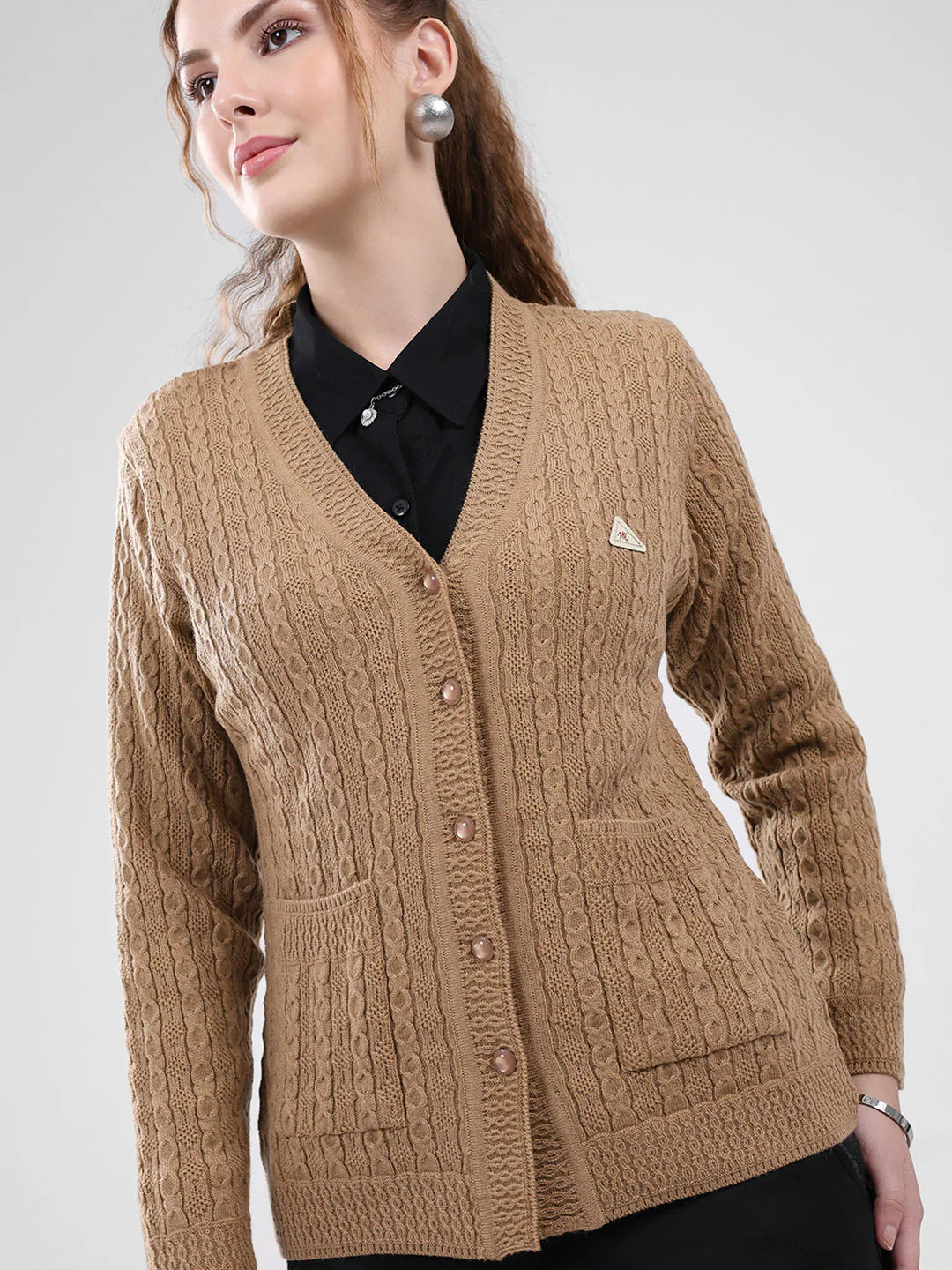 Women Brown Self Design V Neck Full Sleeve Cardigan - Image 6