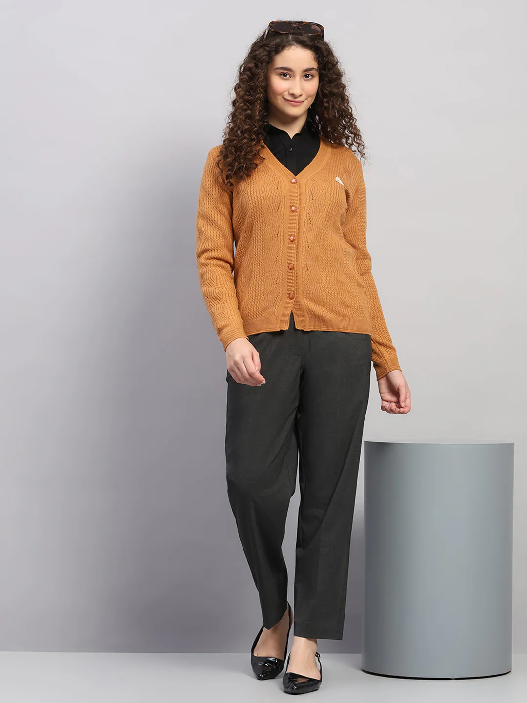 Women Brown Self Design V Neck Full Sleeve Cardigan - Image 2