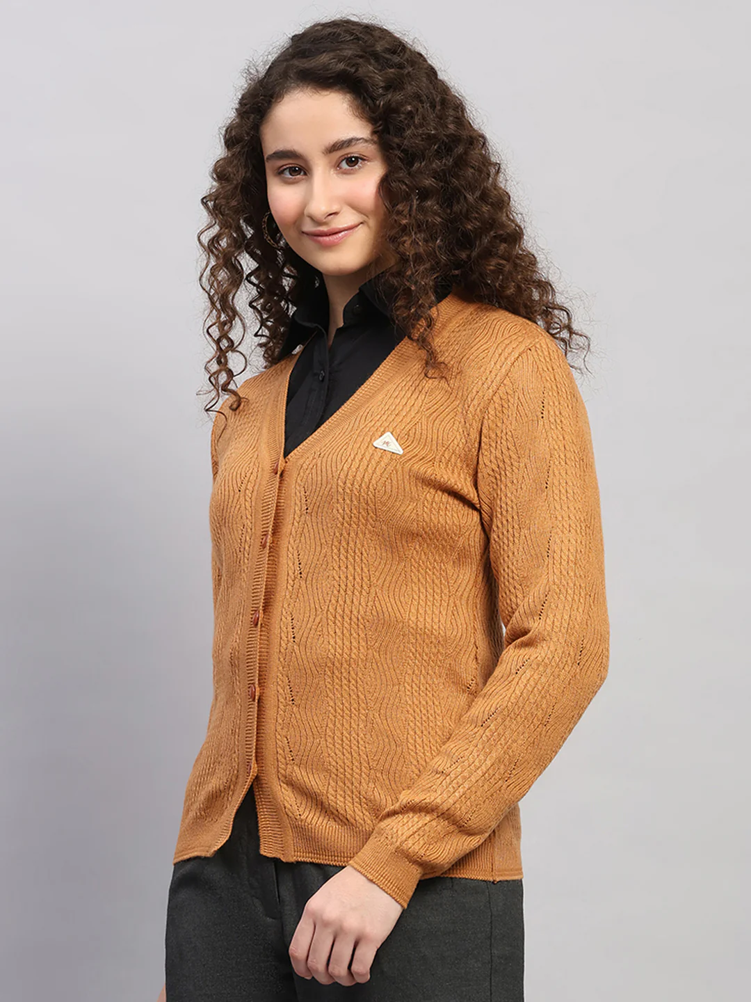 Women Brown Self Design V Neck Full Sleeve Cardigan - Image 3