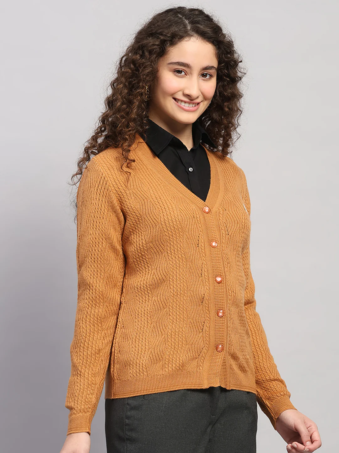 Women Brown Self Design V Neck Full Sleeve Cardigan - Image 4