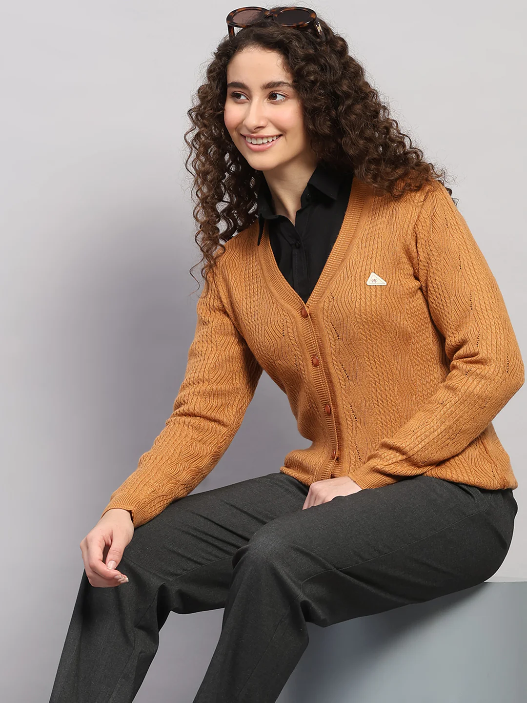 Women Brown Self Design V Neck Full Sleeve Cardigan - Image 6