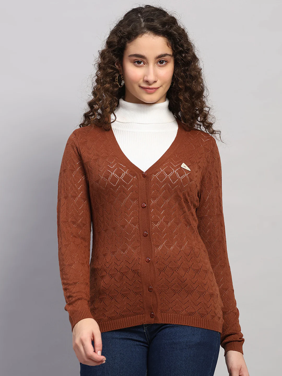 Women Brown Self Design V Neck Full Sleeve Cardigan