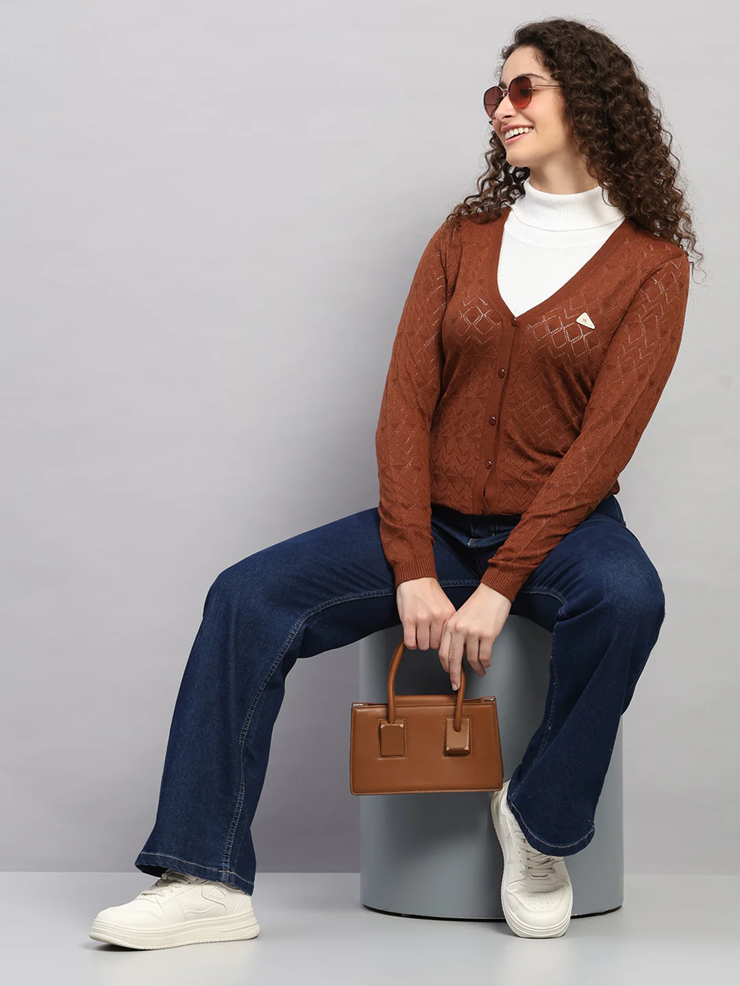 Women Brown Self Design V Neck Full Sleeve Cardigan - Image 2
