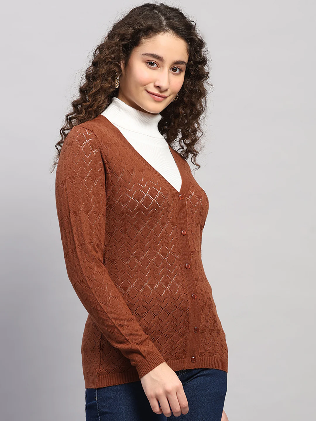 Women Brown Self Design V Neck Full Sleeve Cardigan - Image 4
