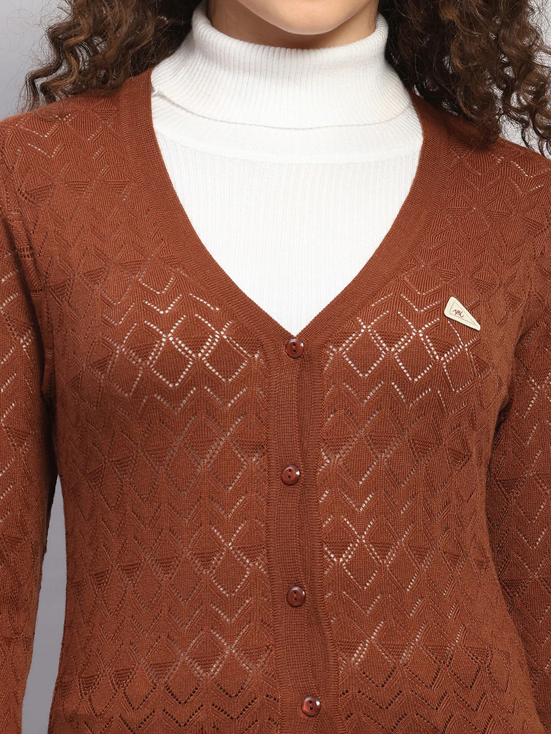 Women Brown Self Design V Neck Full Sleeve Cardigan - Image 6