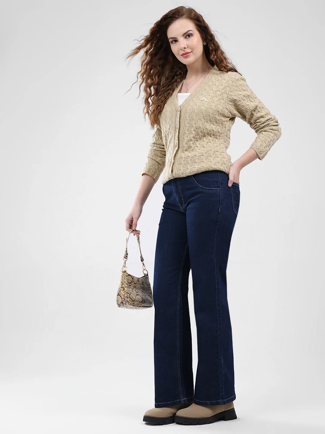 Women Brown Self Design V Neck Full Sleeve Cardigan - Image 2
