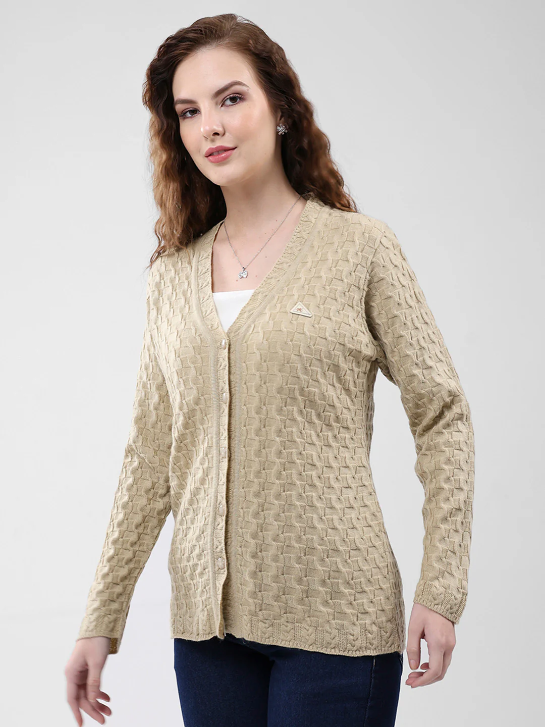 Women Brown Self Design V Neck Full Sleeve Cardigan - Image 3