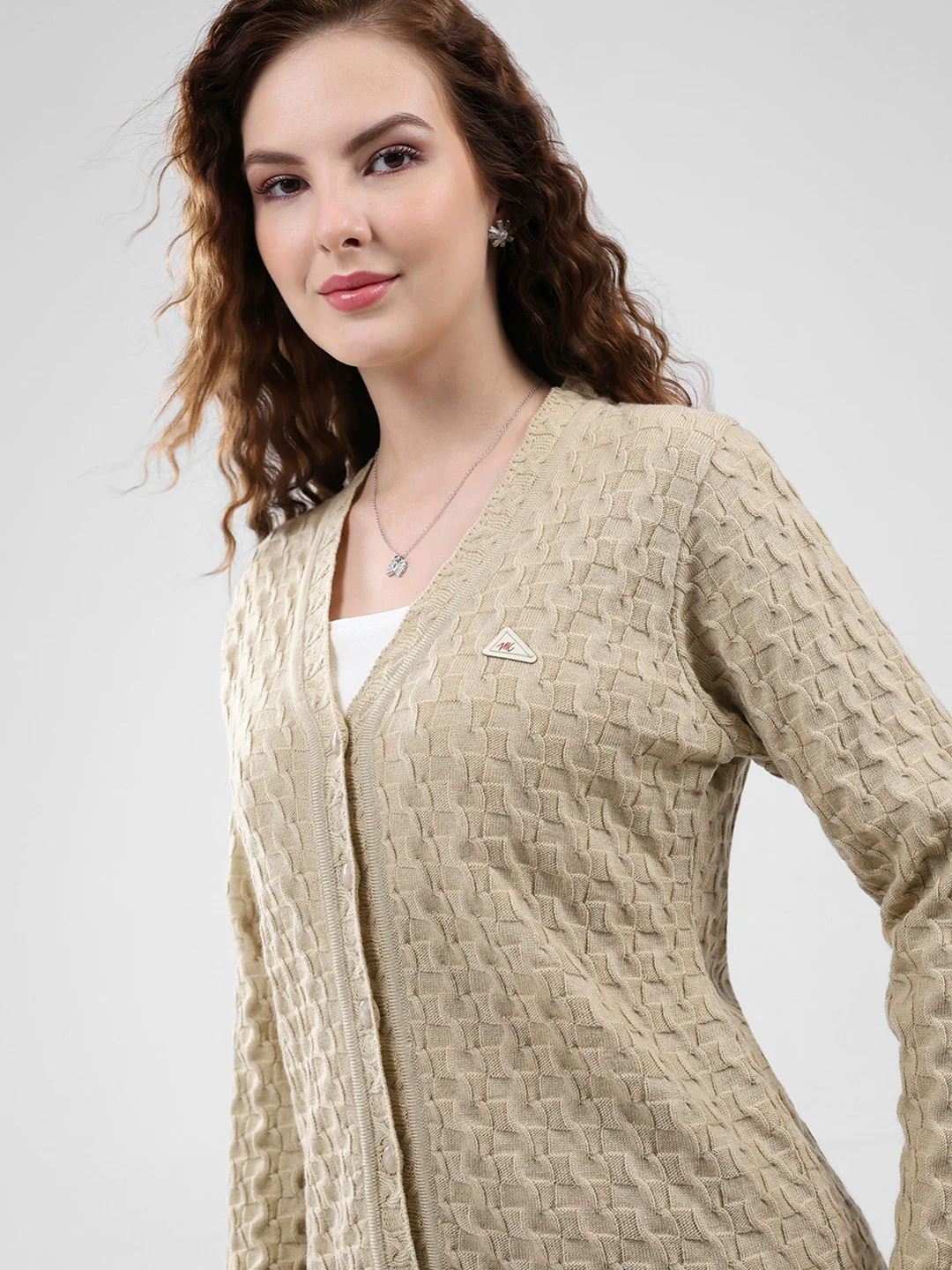 Women Brown Self Design V Neck Full Sleeve Cardigan - Image 6