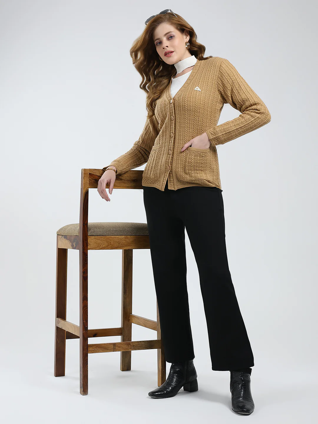 Women Brown Self Design V Neck Full Sleeve Cardigan - Image 2