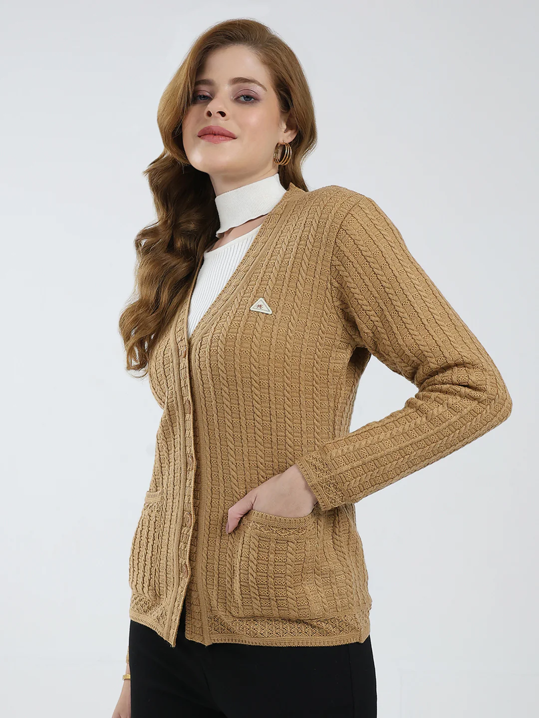 Women Brown Self Design V Neck Full Sleeve Cardigan - Image 3