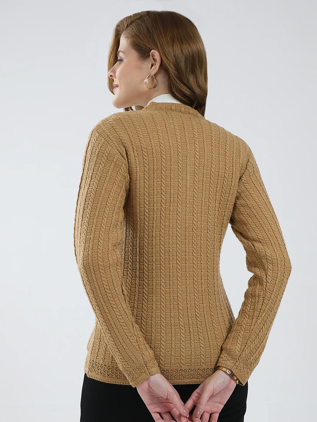 Women Brown Self Design V Neck Full Sleeve Cardigan - Image 5