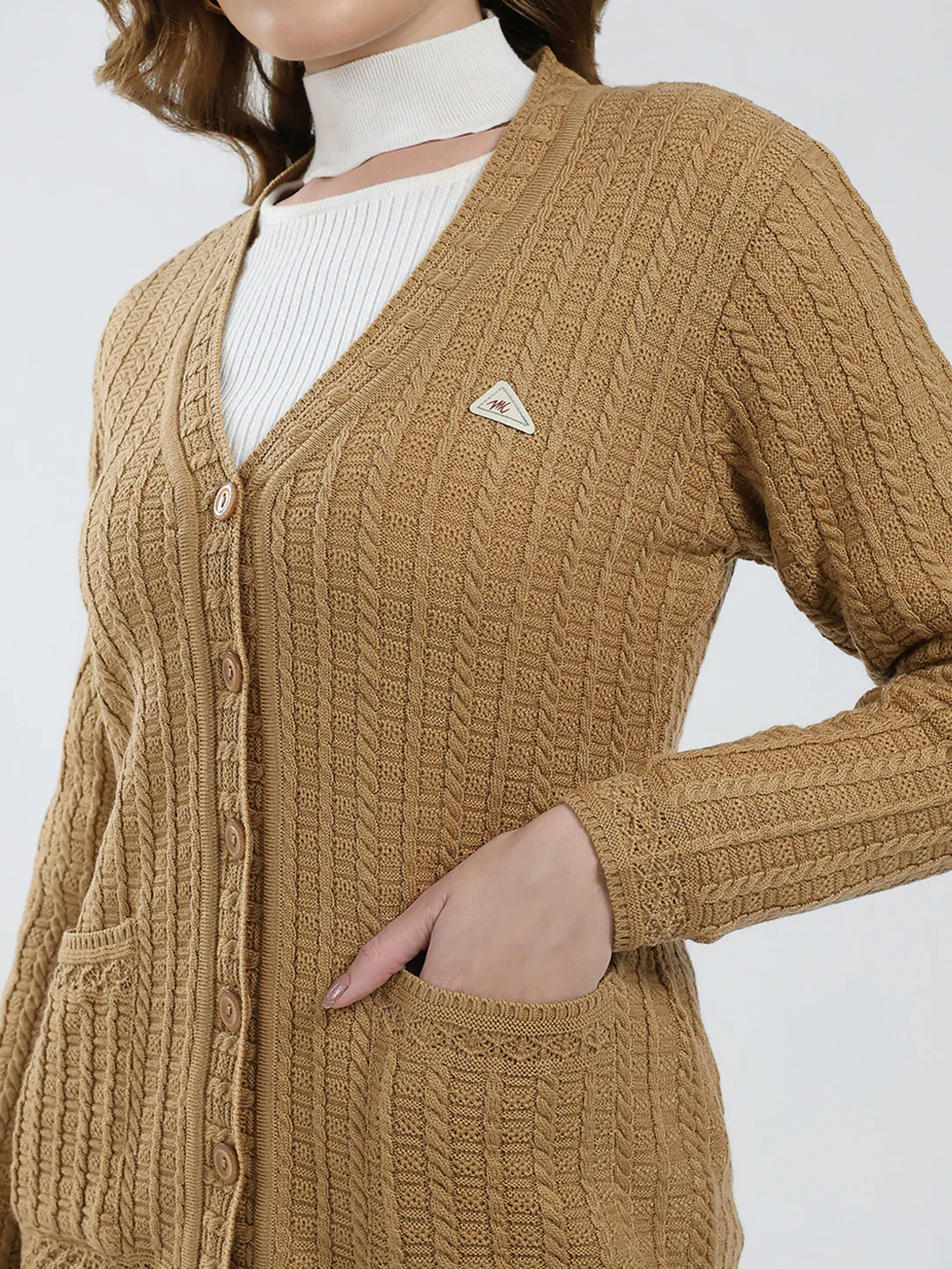 Women Brown Self Design V Neck Full Sleeve Cardigan - Image 7