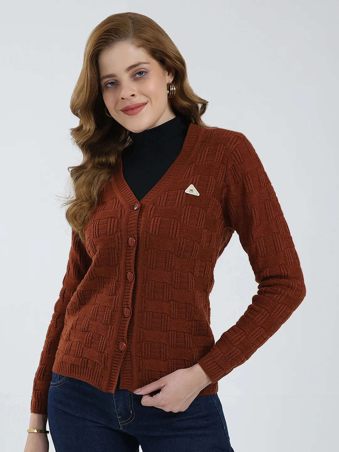 Women Brown Self Design V Neck Full Sleeve Cardigan