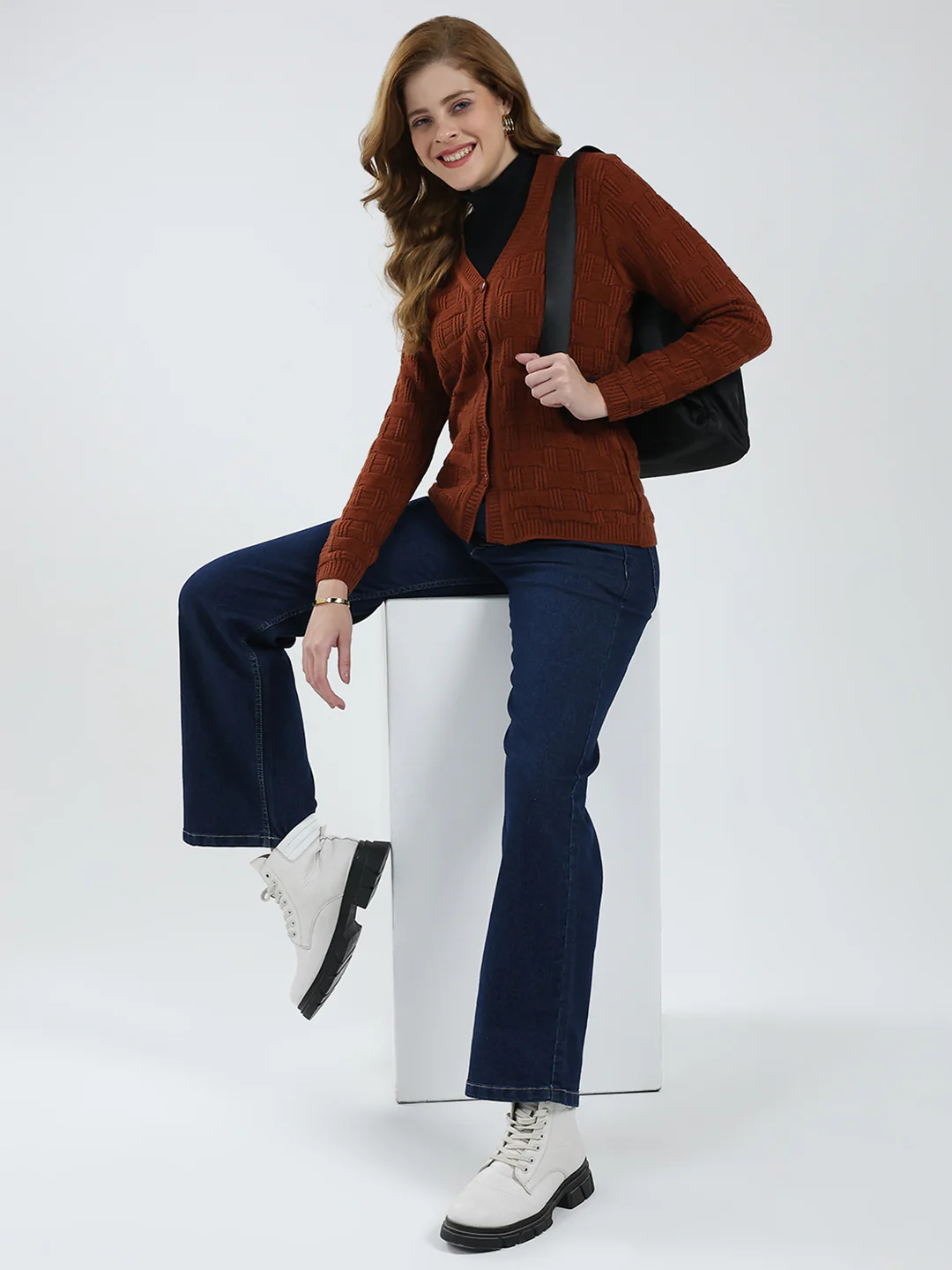 Women Brown Self Design V Neck Full Sleeve Cardigan - Image 2