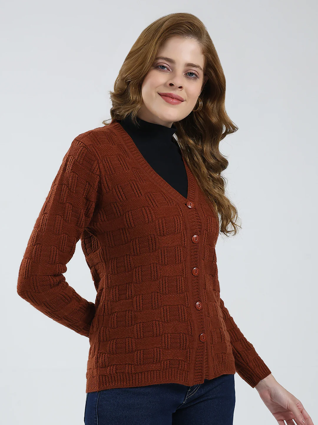 Women Brown Self Design V Neck Full Sleeve Cardigan - Image 4