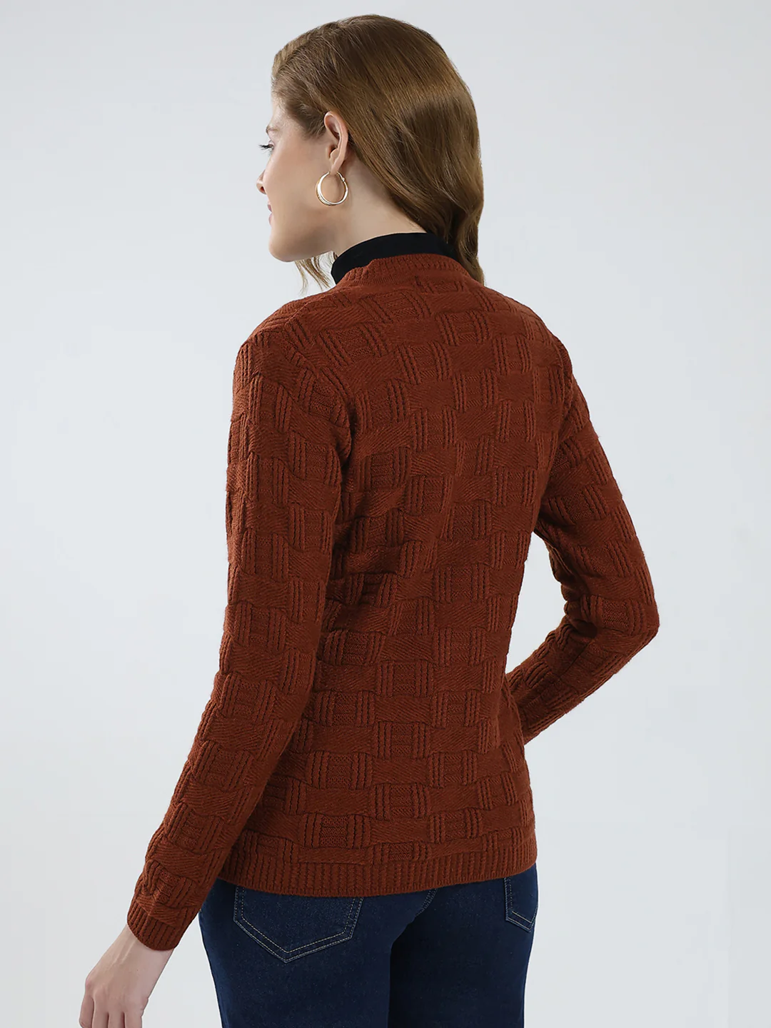 Women Brown Self Design V Neck Full Sleeve Cardigan - Image 5