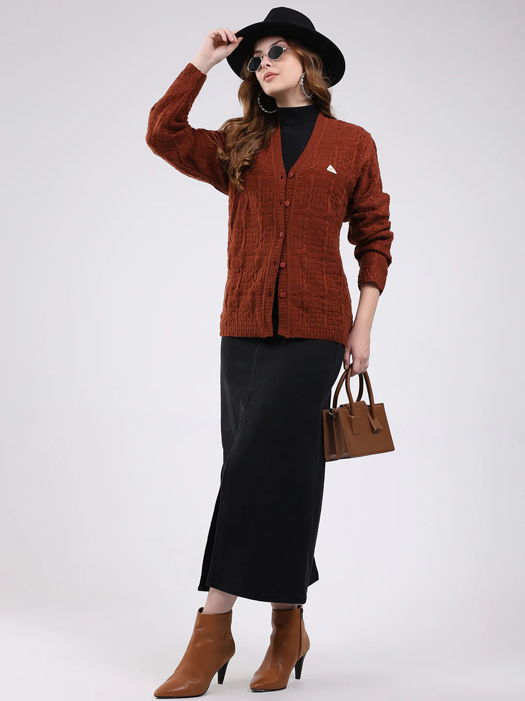 Women Brown Self Design V Neck Full Sleeve Cardigan - Image 2