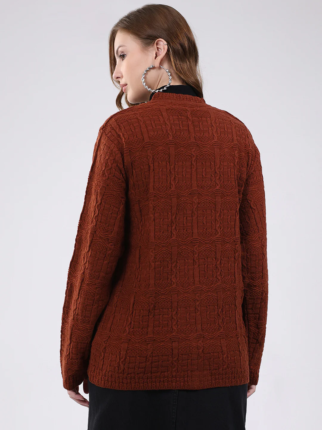 Women Brown Self Design V Neck Full Sleeve Cardigan - Image 5