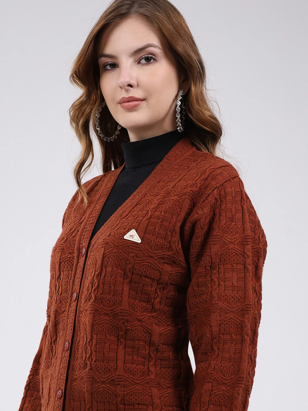 Women Brown Self Design V Neck Full Sleeve Cardigan - Image 6