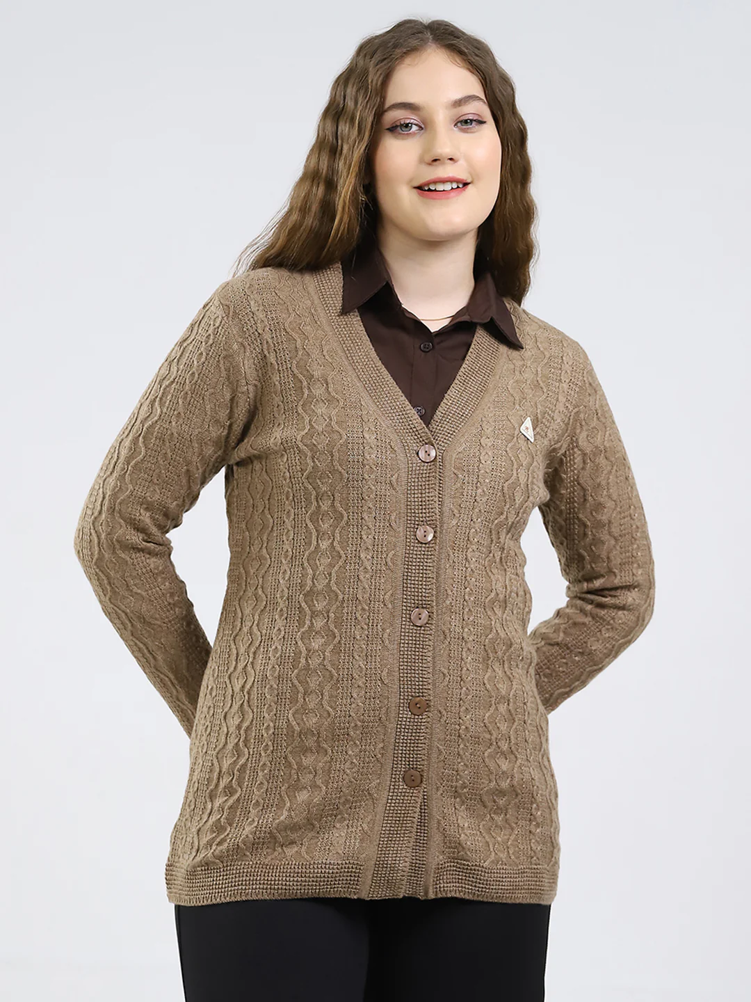 Women Brown Self Design V Neck Full Sleeve Cardigan