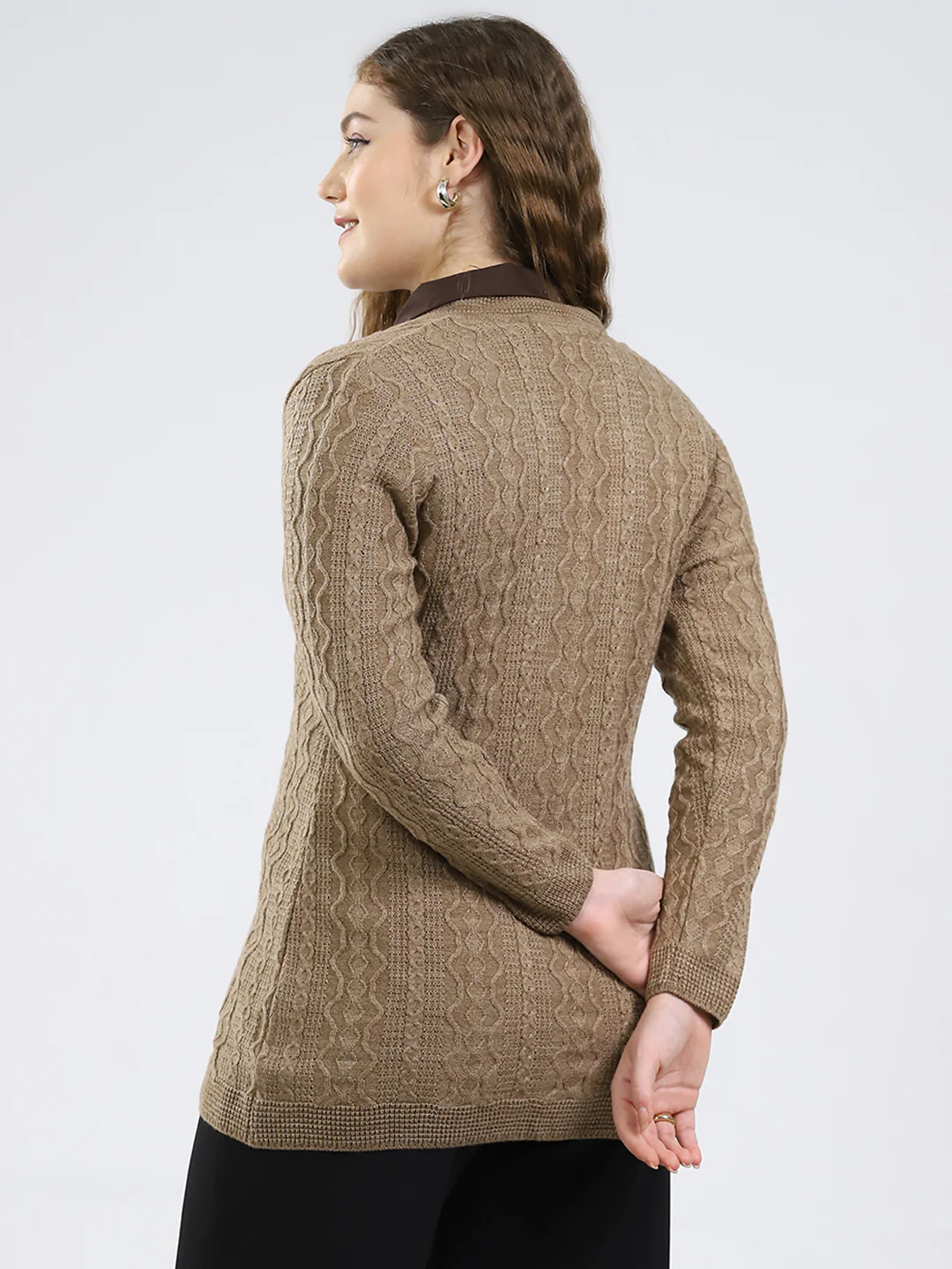 Women Brown Self Design V Neck Full Sleeve Cardigan - Image 5