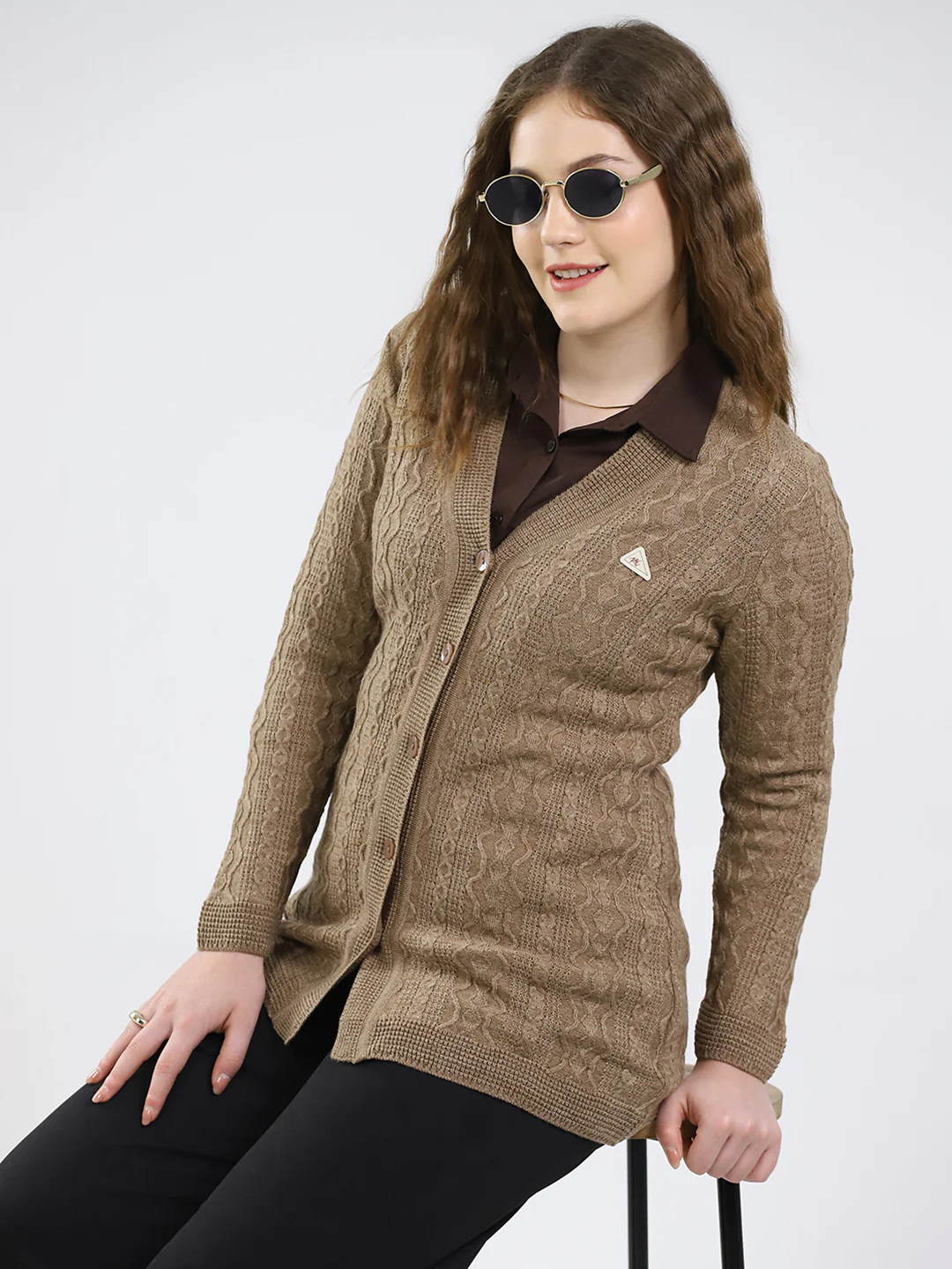 Women Brown Self Design V Neck Full Sleeve Cardigan - Image 6