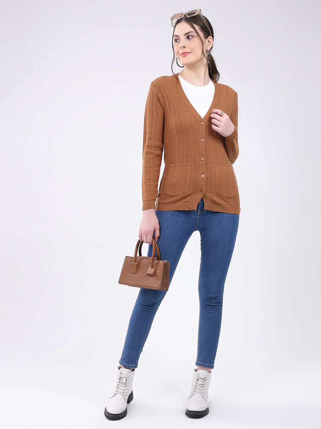 Women Brown Self Design V Neck Full Sleeve Cardigan - Image 2