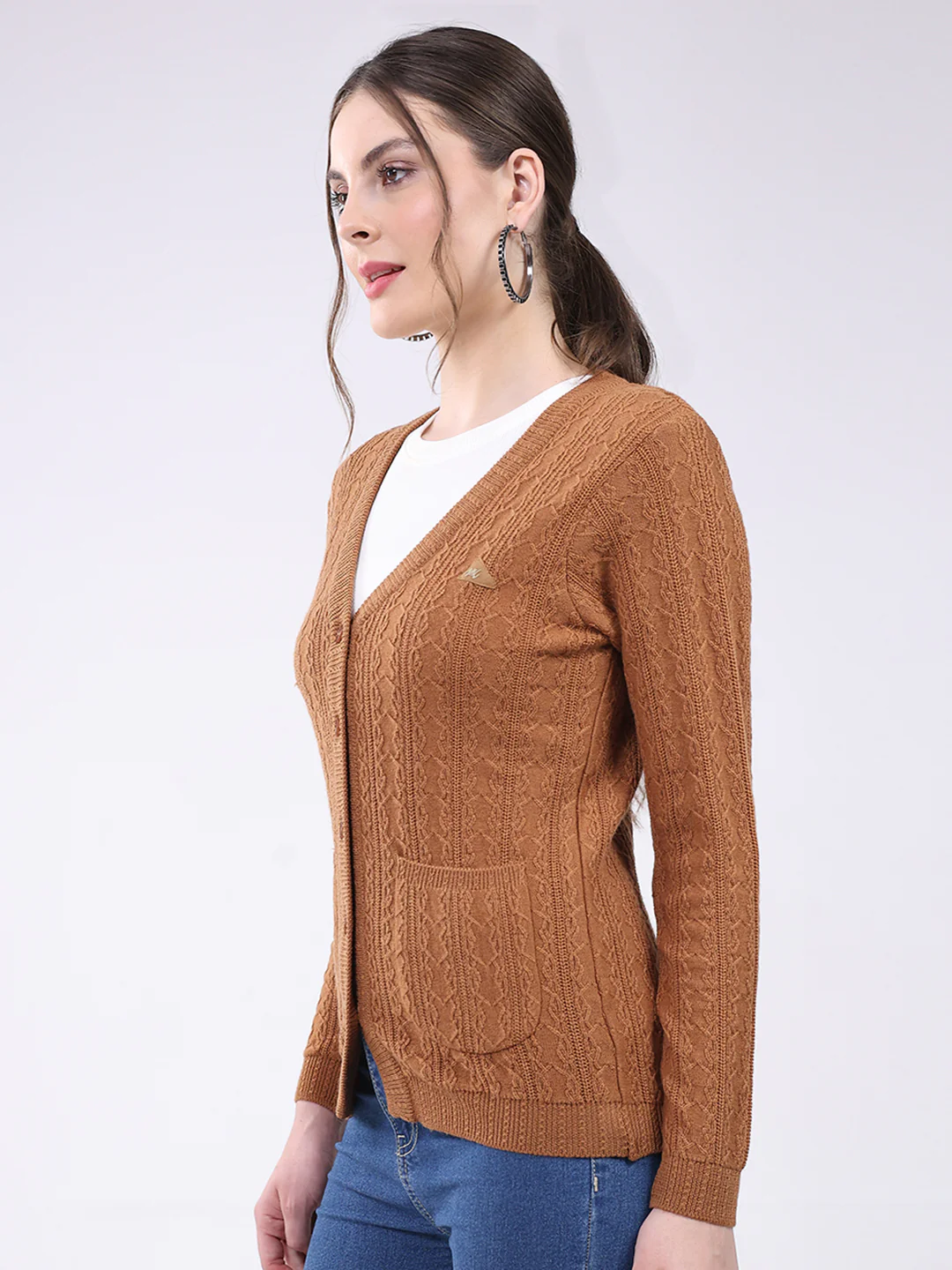 Women Brown Self Design V Neck Full Sleeve Cardigan - Image 3