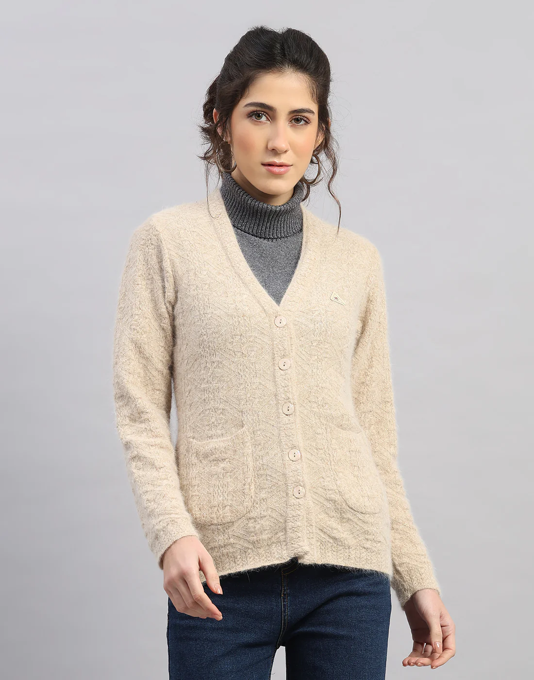 Women Brown Self Design V Neck Full Sleeve Cardigan