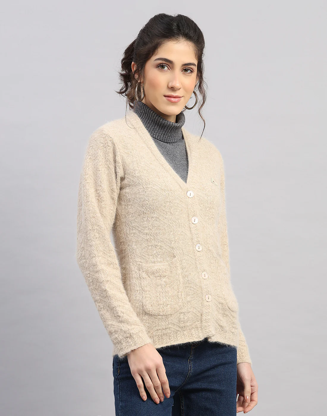 Women Brown Self Design V Neck Full Sleeve Cardigan - Image 3