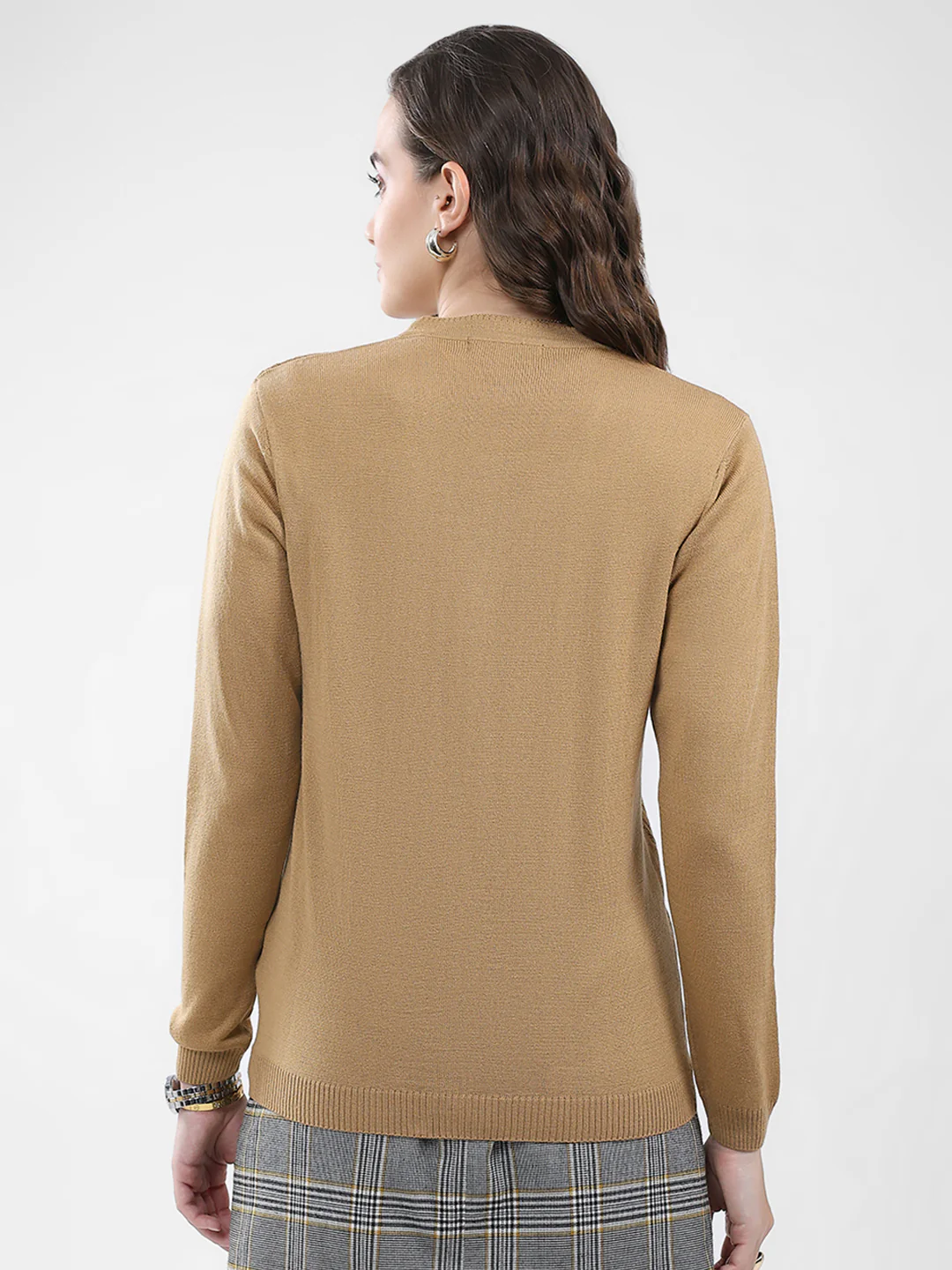 Women Brown Self Design V Neck Full Sleeve Cardigan - Image 5