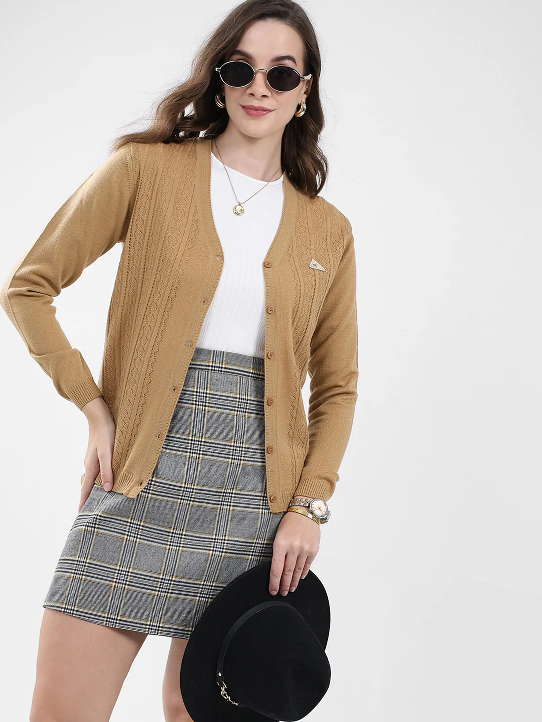 Women Brown Self Design V Neck Full Sleeve Cardigan - Image 6