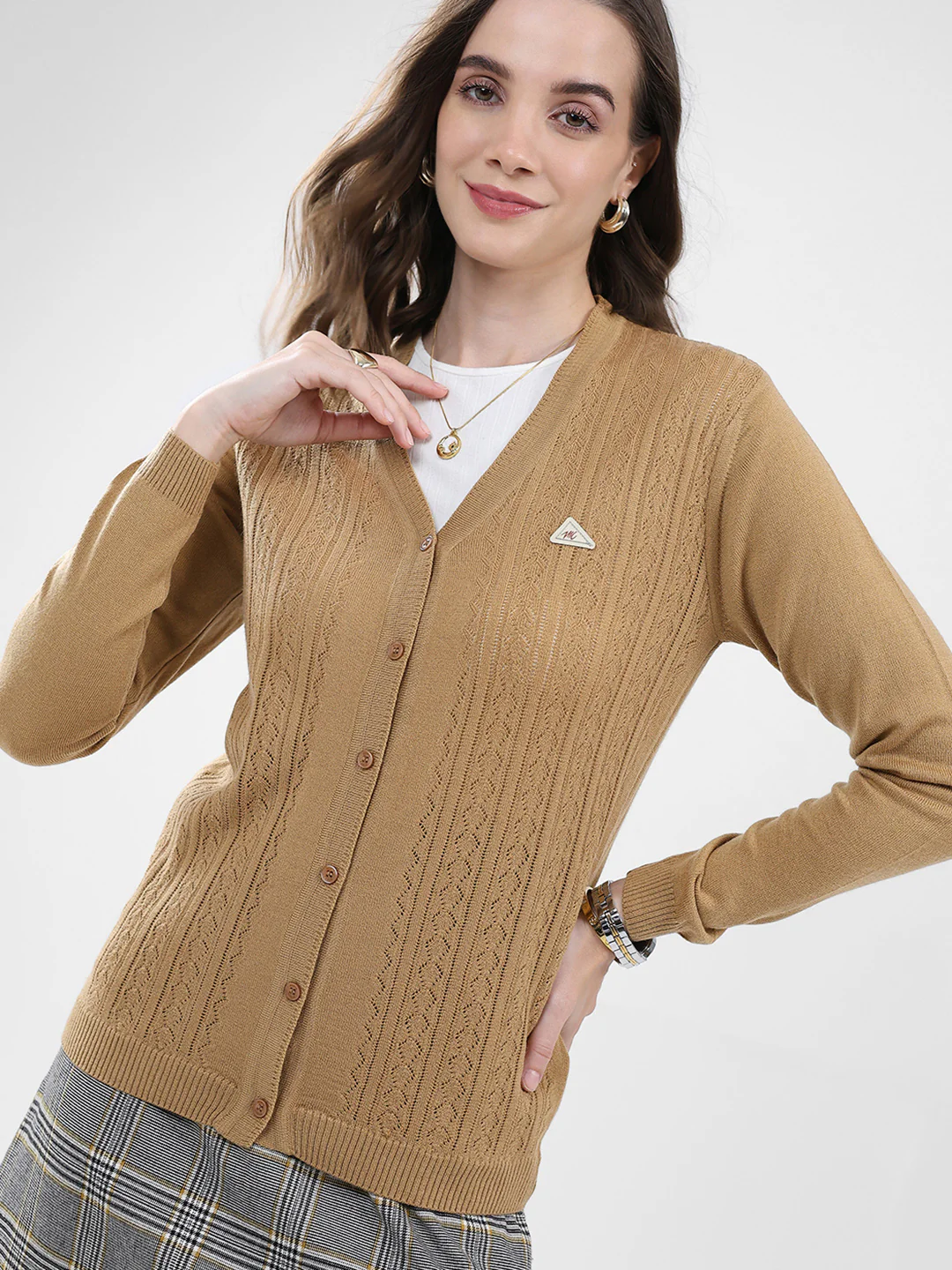 Women Brown Self Design V Neck Full Sleeve Cardigan - Image 7