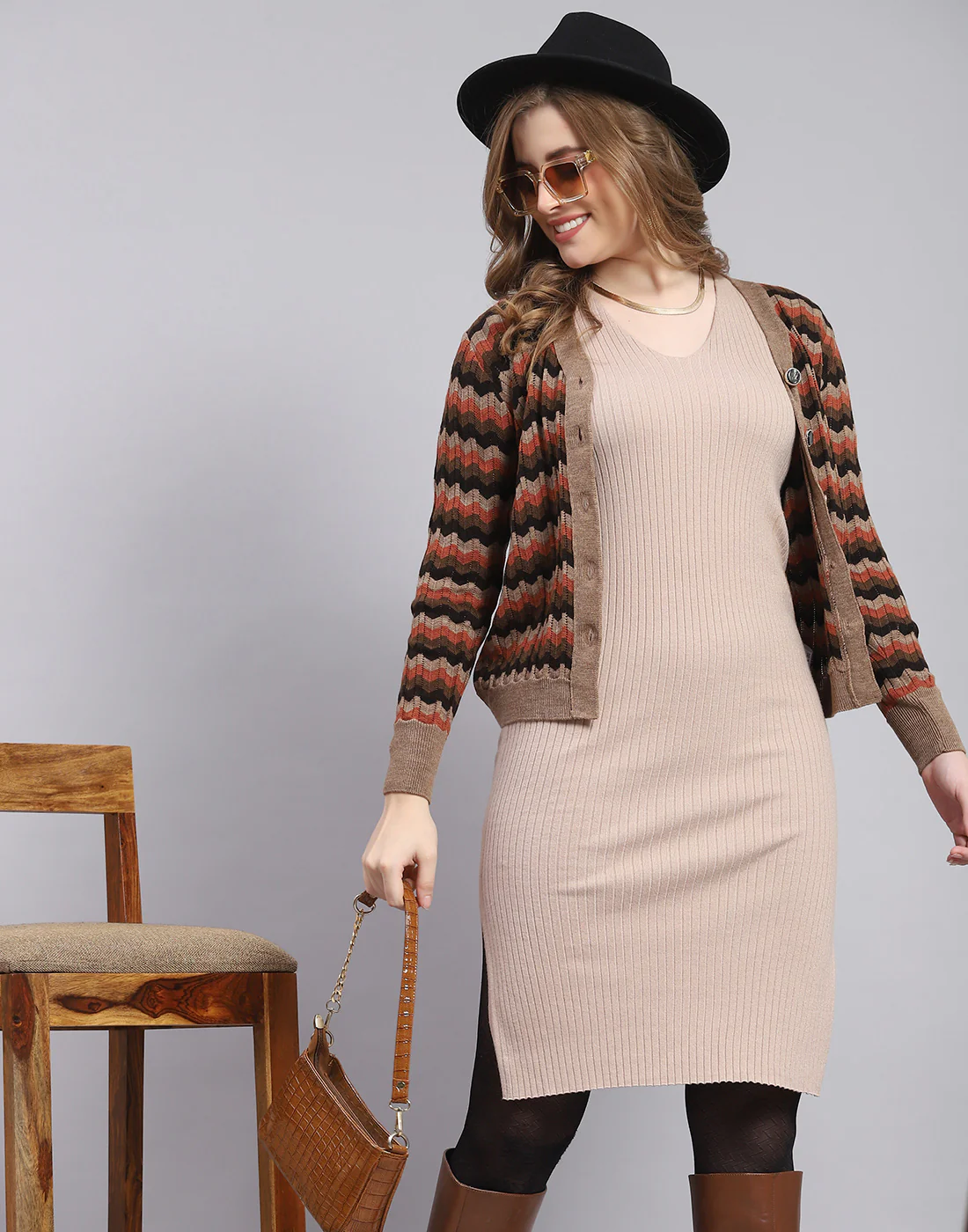 Women Brown Self Design V Neck Full Sleeve Sweater - Image 6