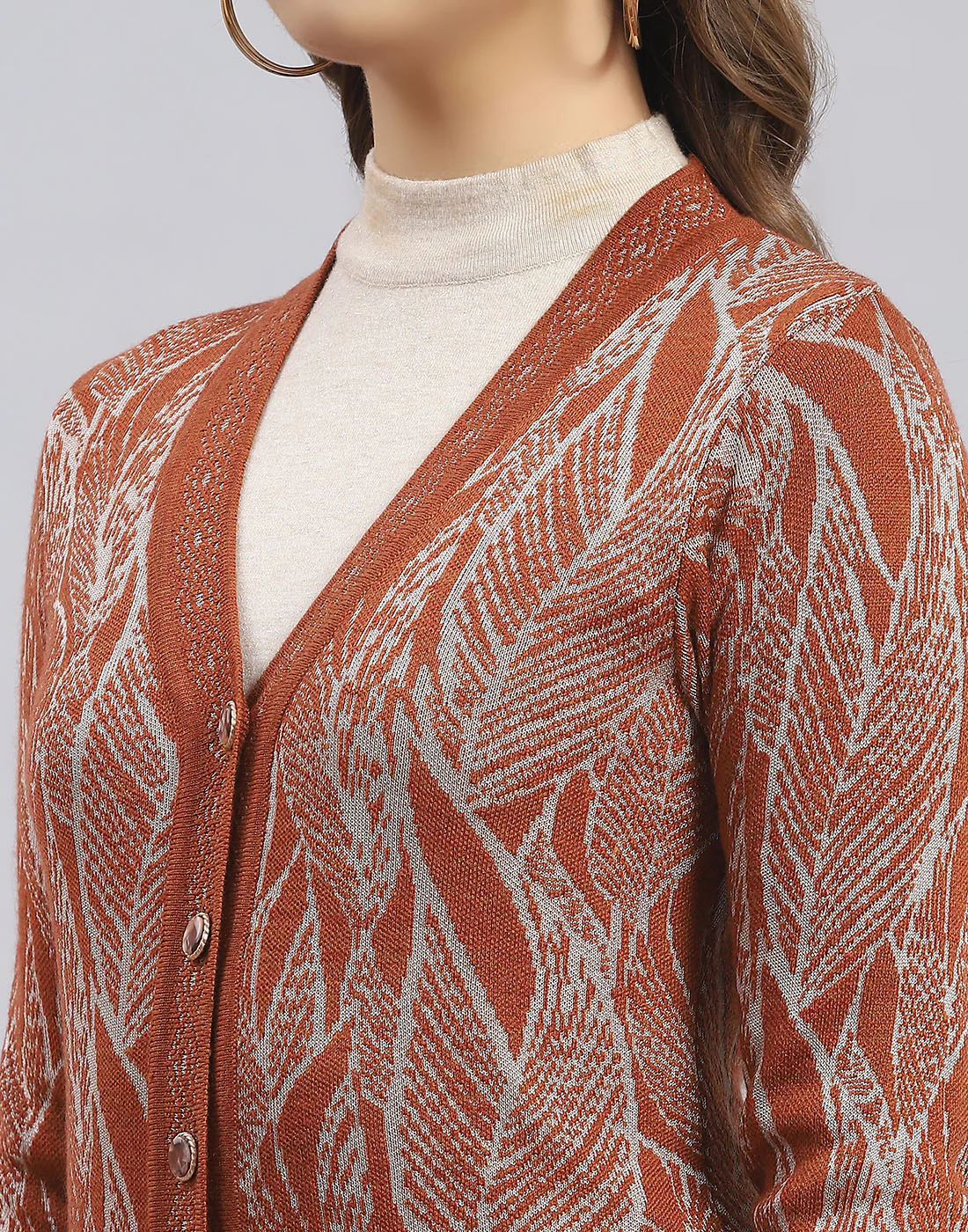 Women Brown Self Design V Neck Full Sleeve Sweater - Image 6