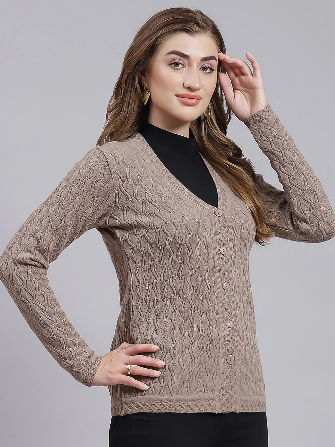 Women Brown Self Design Wool blend Cardigan - Image 2