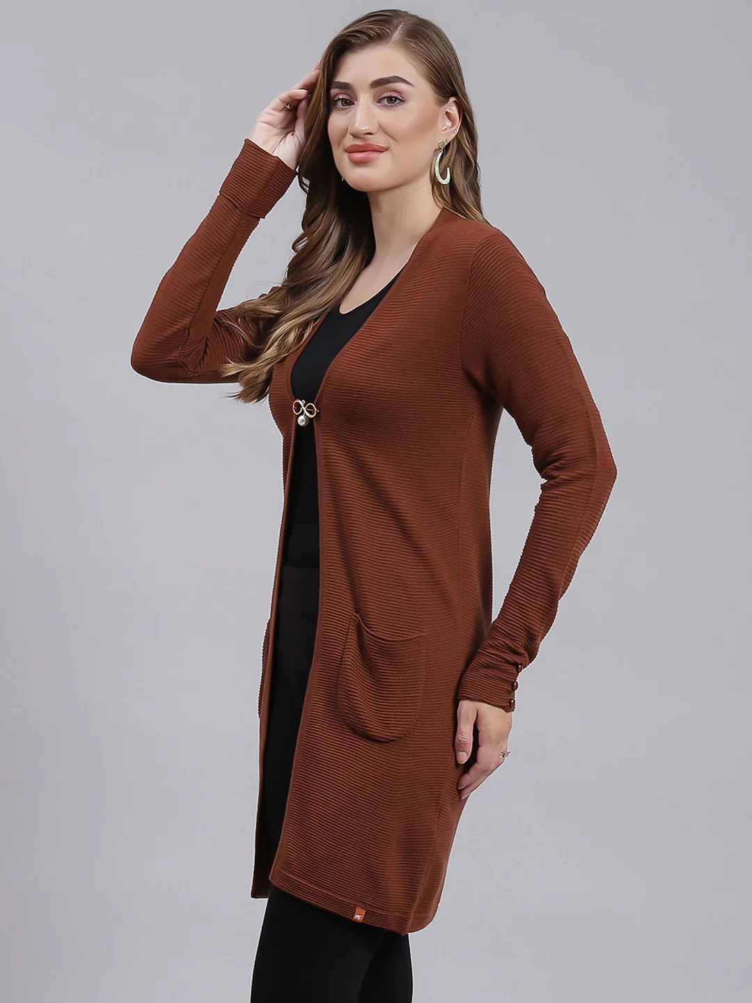 Women Brown Self Design Wool blend Cardigan - Image 3