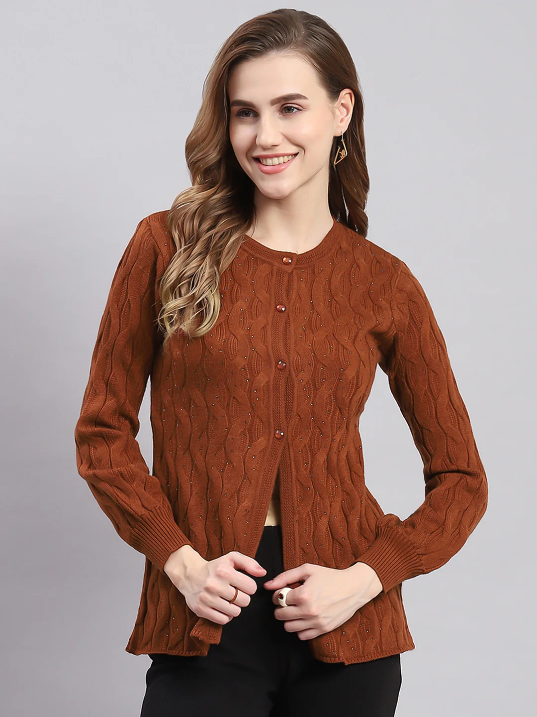 Women Brown Self Design Round Neck Full Sleeve Cardigans - Image 4