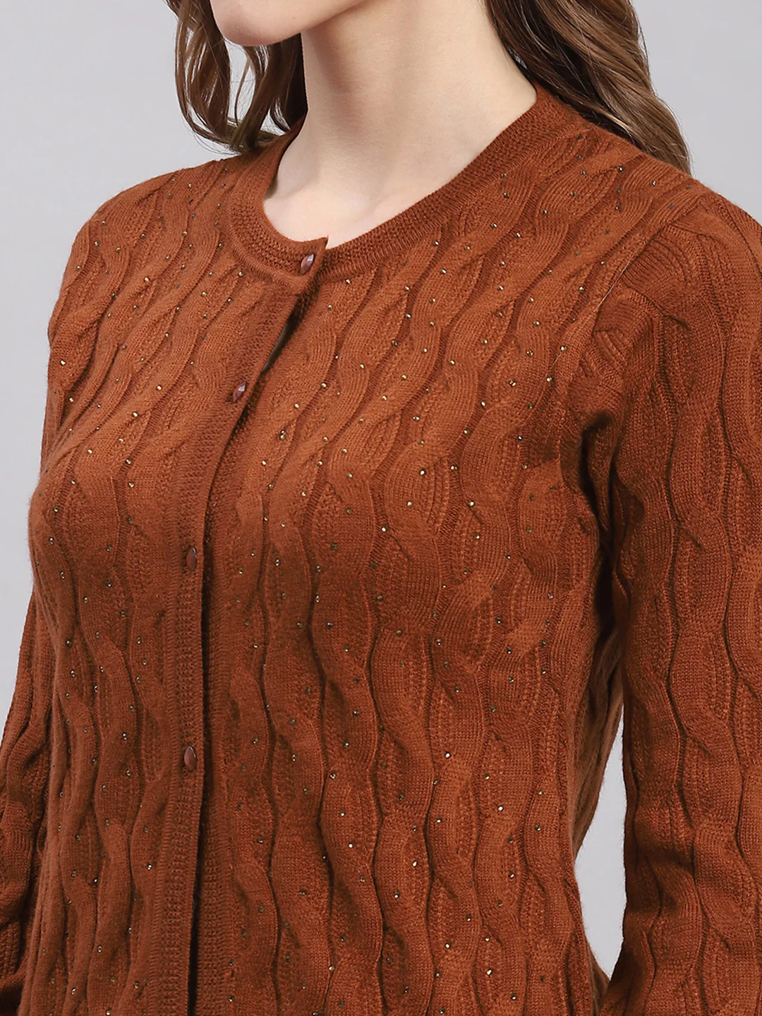 Women Brown Self Design Round Neck Full Sleeve Cardigans - Image 7