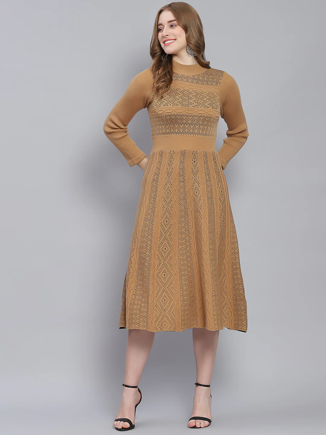 Women Brown Self Design T Neck 3/4 Sleeve Dresses - Image 2