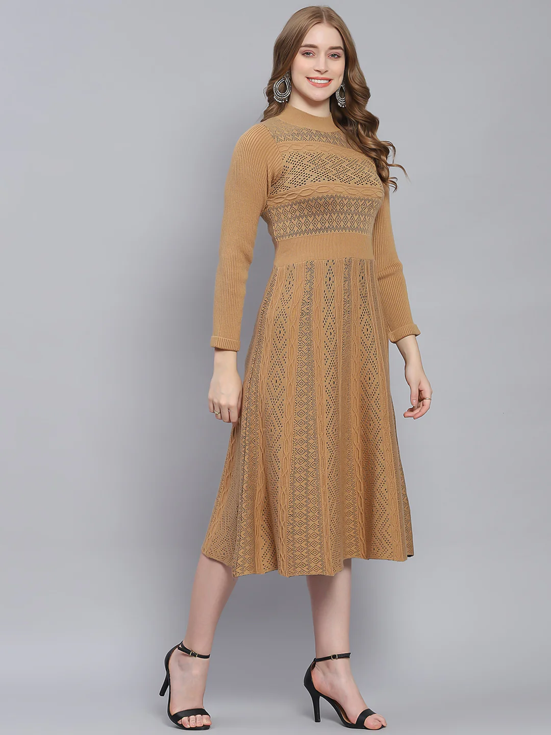 Women Brown Self Design T Neck 3/4 Sleeve Dresses - Image 4