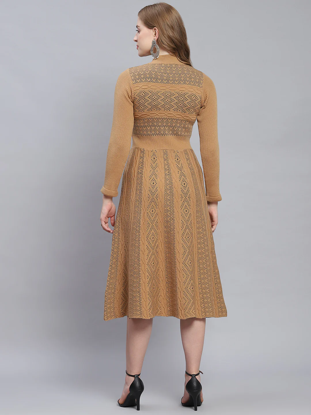 Women Brown Self Design T Neck 3/4 Sleeve Dresses - Image 5