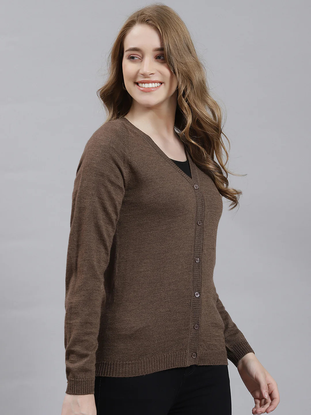 Women Brown Solid Cardigan - Image 4