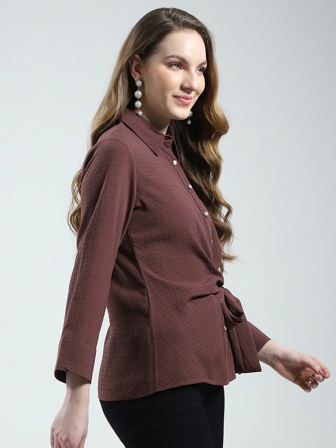 Women Brown Solid Collar 3/4th Sleeve Top - Image 4