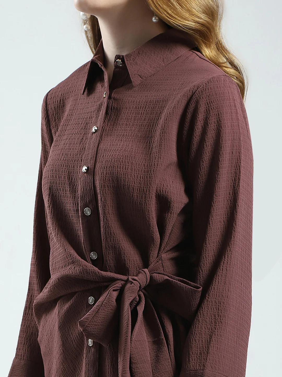 Women Brown Solid Collar 3/4th Sleeve Top - Image 7