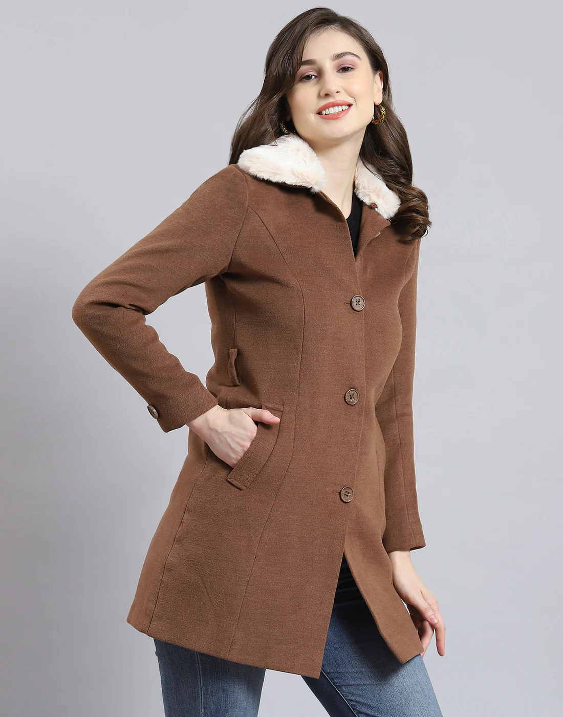 Women Brown Solid Collar Full Sleeve Coat - Image 4