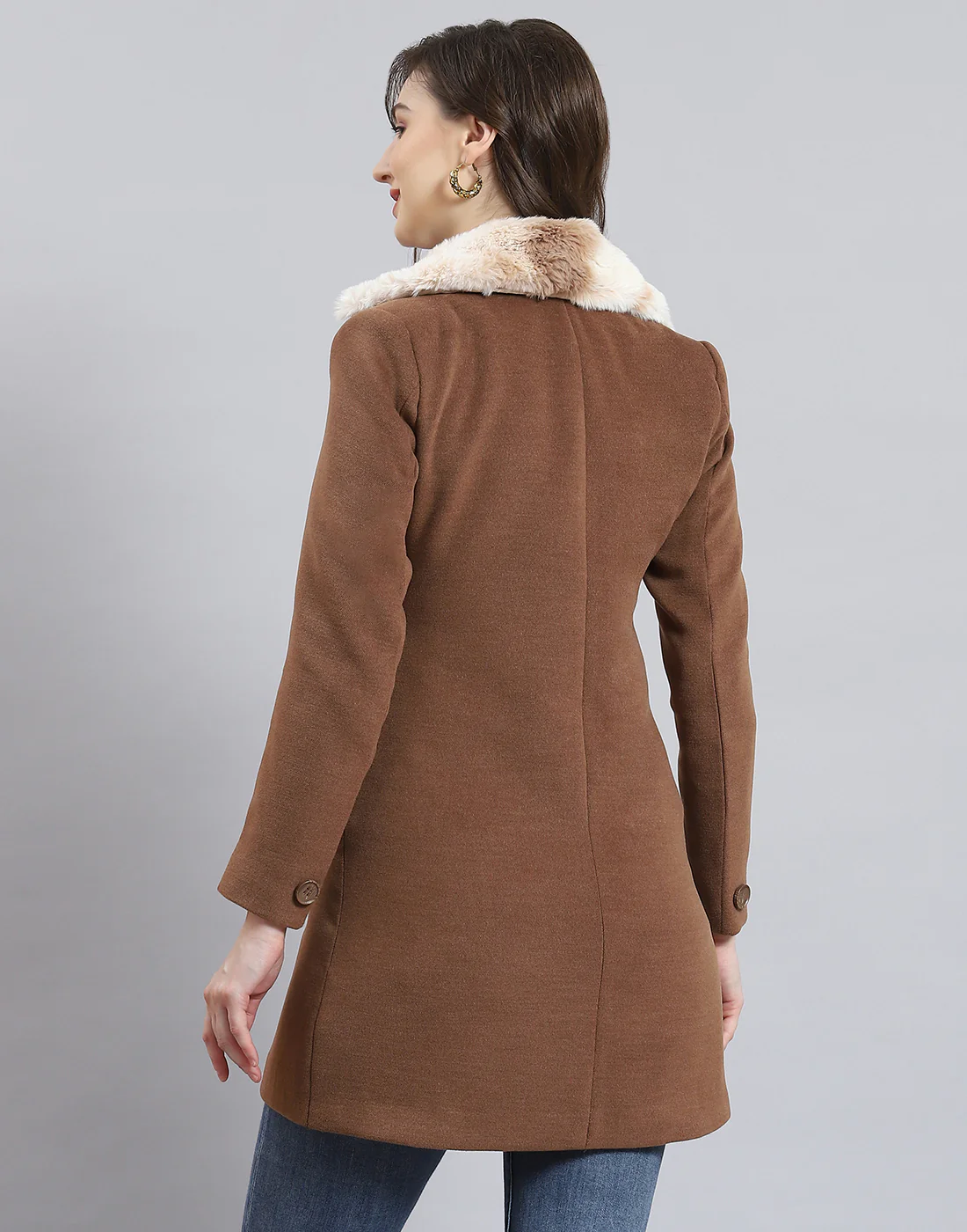 Women Brown Solid Collar Full Sleeve Coat - Image 6
