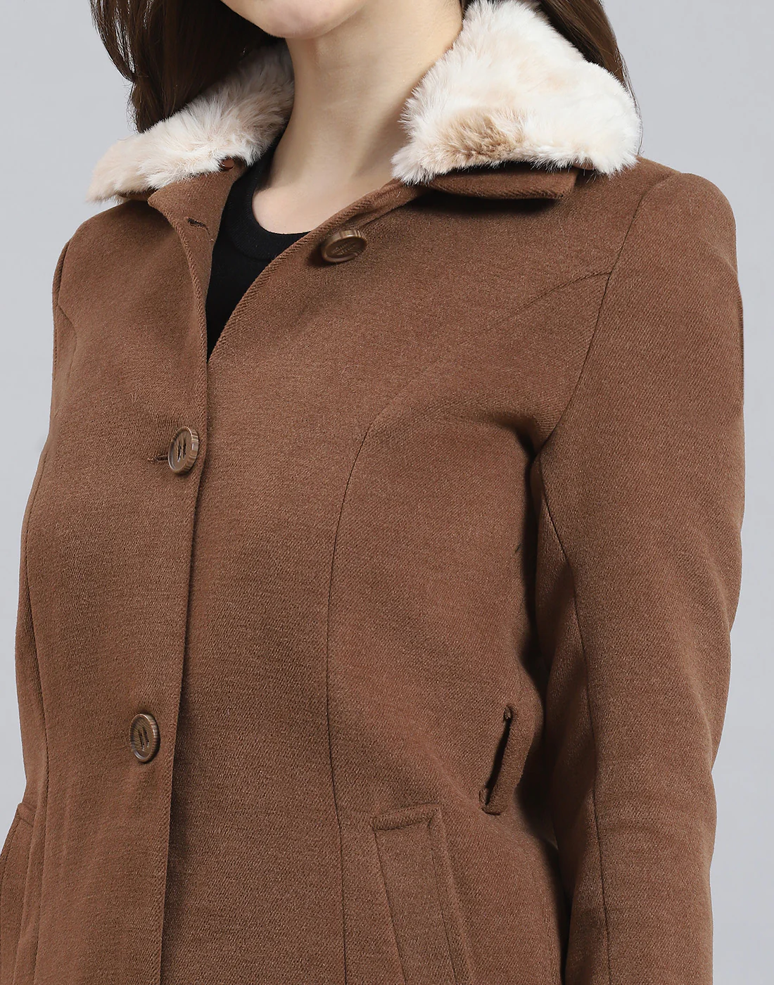 Women Brown Solid Collar Full Sleeve Coat - Image 7