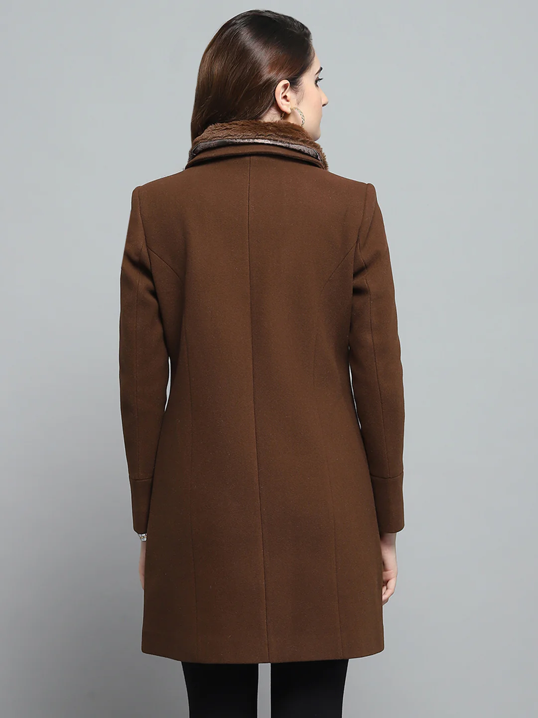 Women Brown Solid Collar Full Sleeve Coat - Image 5