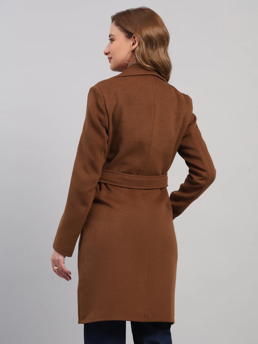 Women Brown Solid Collar Full Sleeve Coat - Image 5